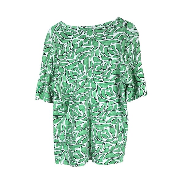 Chico’s‎ Size 3 XL Green White Leaf Print V-Neck Pima Cotton Elbow Sleeve Top - Picture 7 of 12